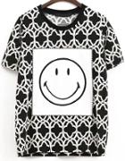 Romwe Contrast Smiley Face Pattern Flower Print T-shirt
