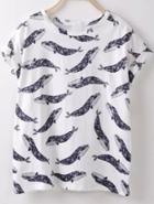 Romwe White Short Sleeve Whale Print Loose T-shirt