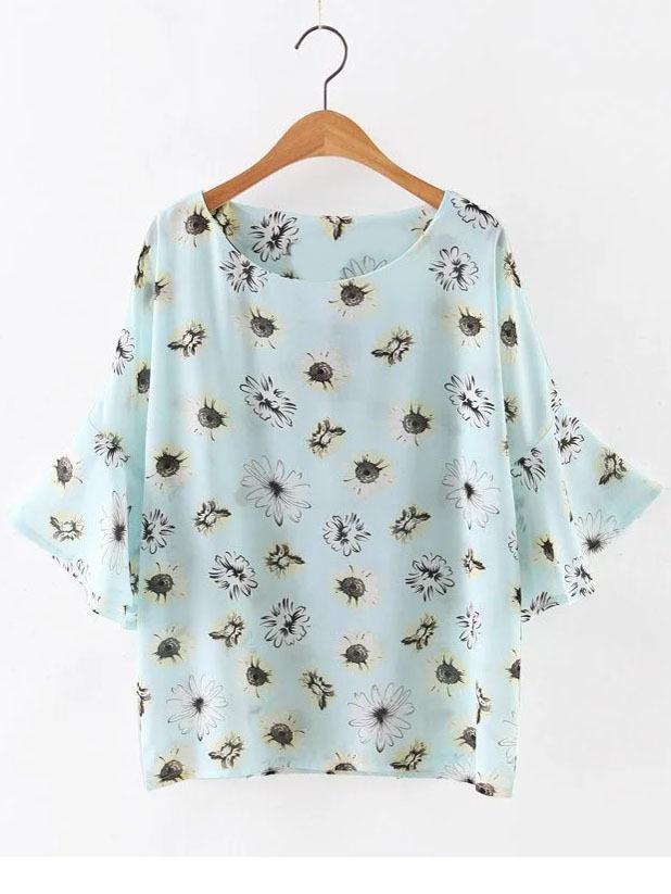 Romwe Multicolor Bell Sleeve Flower Print Chiffon Blouse