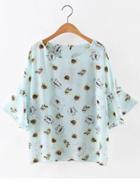 Romwe Multicolor Bell Sleeve Flower Print Chiffon Blouse