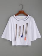 Romwe Embroidered White Loose T-shirt With Tassel