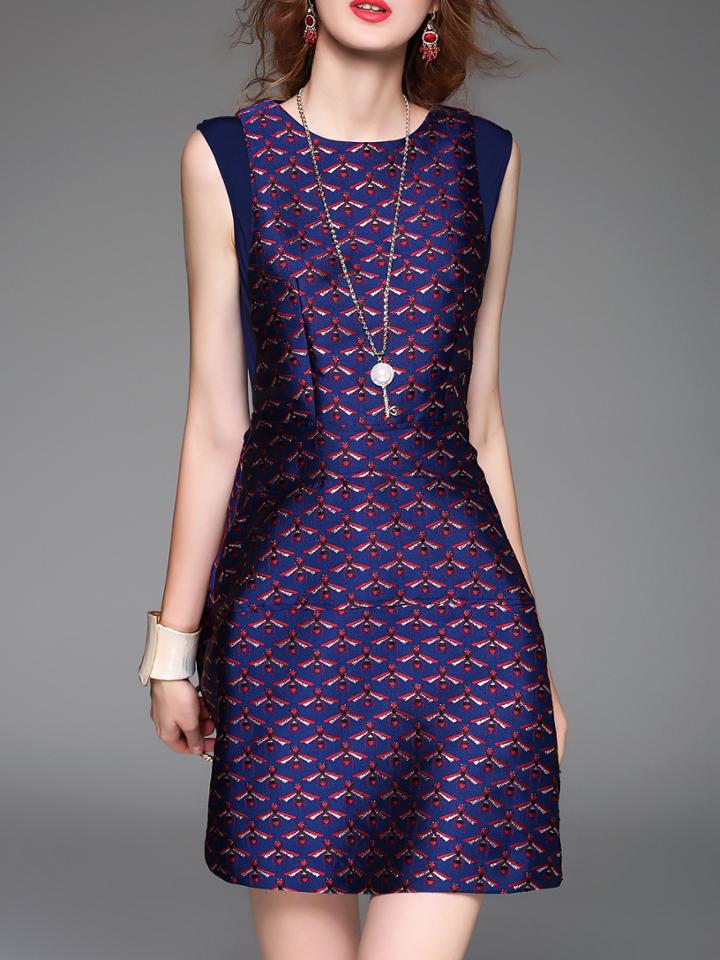 Romwe Purple Crew Neck Jacquard A-line Dress