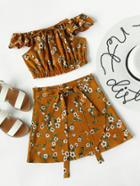 Romwe Bardot Floral Print Drawstring Neck Crop Top With Skirt