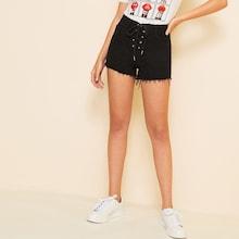 Romwe Lace Up Raw Hem Solid Denim Shorts