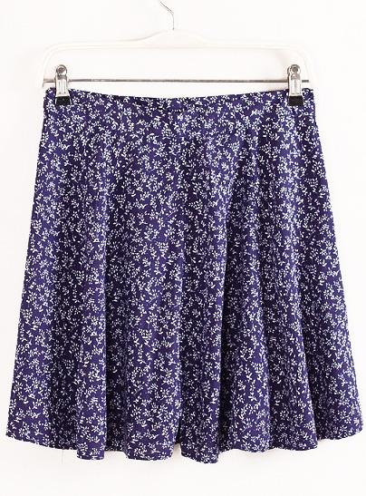 Romwe Polka Dot Floral Pleated Blue Skirt