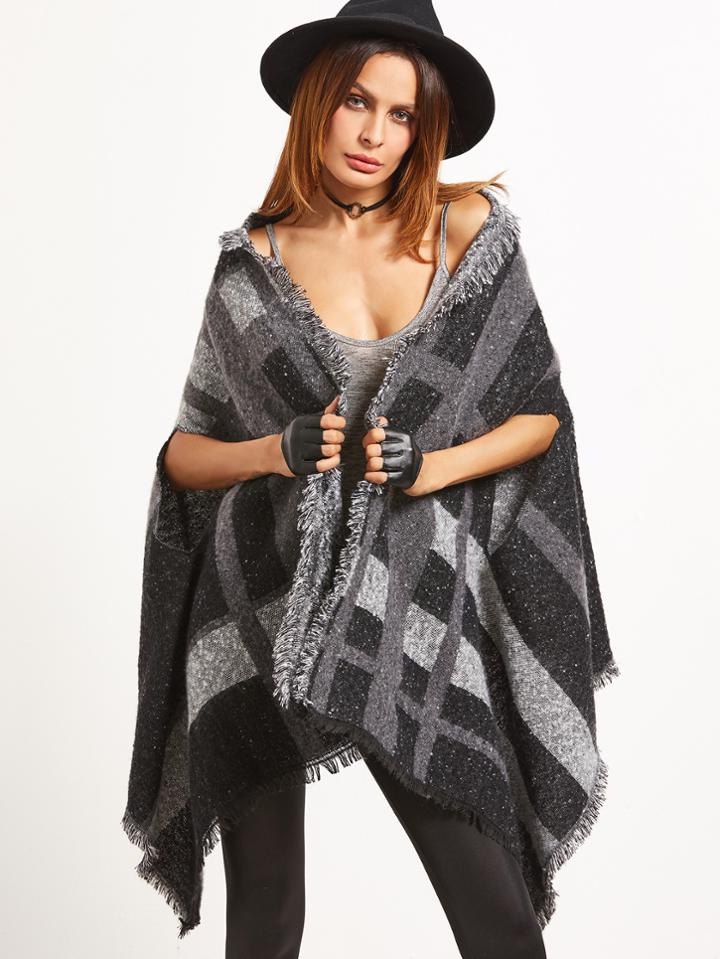 Romwe Black And Grey Striped Raw Edge Holey Shawl Scarf