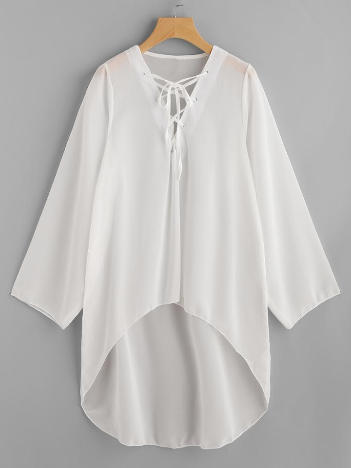 Romwe Lace Up V Neck High Low Beach Chiffon Cover Up