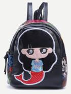 Romwe Black Mermaid Embroidered Patchwork Backpack