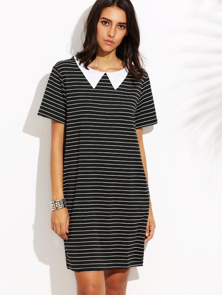 Romwe Black Peter Pan Collar Stripe Dress