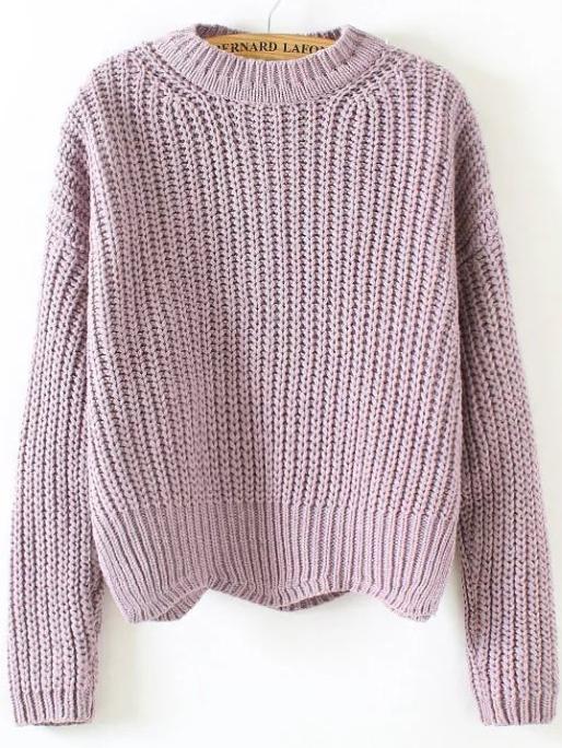 Romwe Purple Crew Neck Scalloped Hem Sweater