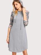 Romwe Contrast Floral Raglan Sleeve Hooded Dress