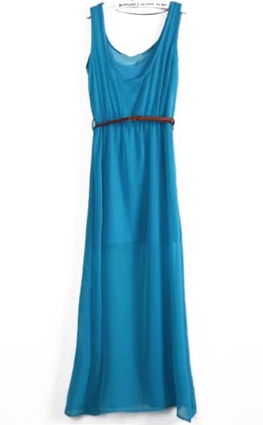 Romwe Scoop Neck Sleeveless With Belt Blue Dress