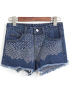 Romwe Fringe Embroidered Denim Blue Shorts