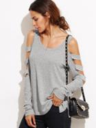 Romwe Heather Grey Cold Shoulder Ladder Cutout Sleeve T-shirt