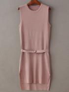 Romwe Pink Sleeveless Split Dress With Belt