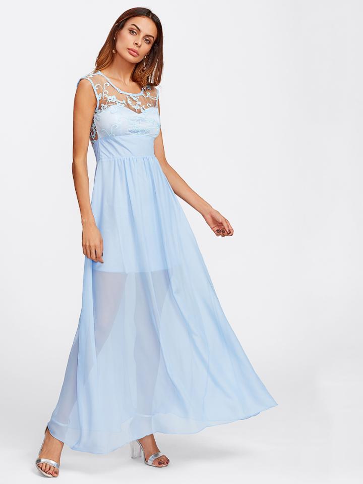 Romwe Embroidered Mesh Bodice Wide Waistband Dress