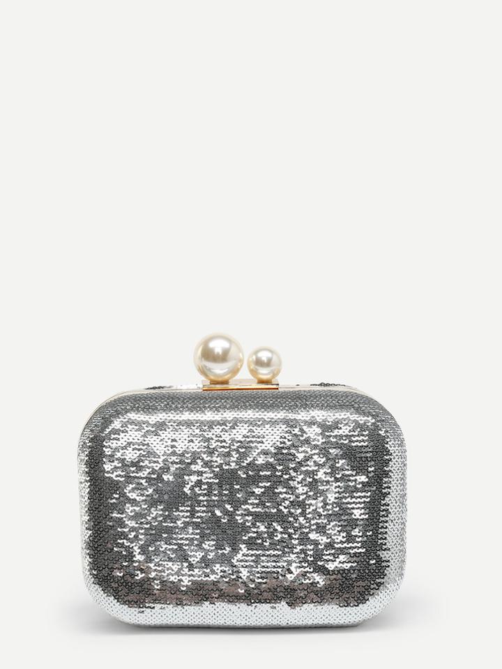 Romwe Kiss Lock Metallic Clutch Bag