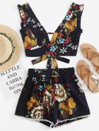 Romwe Knot Back Floral Print Crop Top With Shorts