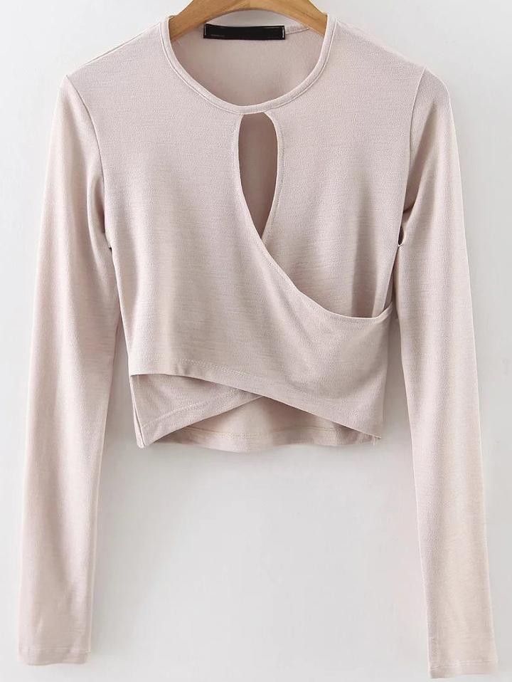 Romwe Apricot Keyhole Wrap Crop Top