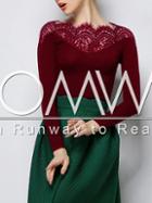 Romwe Burgundy Crew Neck Lace Blouse T-shirt