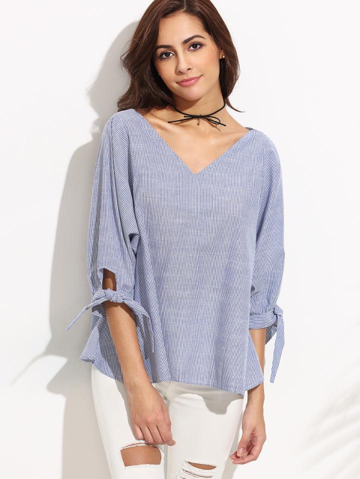 Romwe Blue Vertical Striped Tie Sleeve Blouse