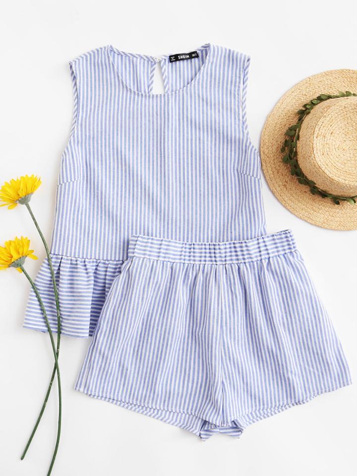 Romwe Ruffle Hem Striped Crop Top With Shorts Set