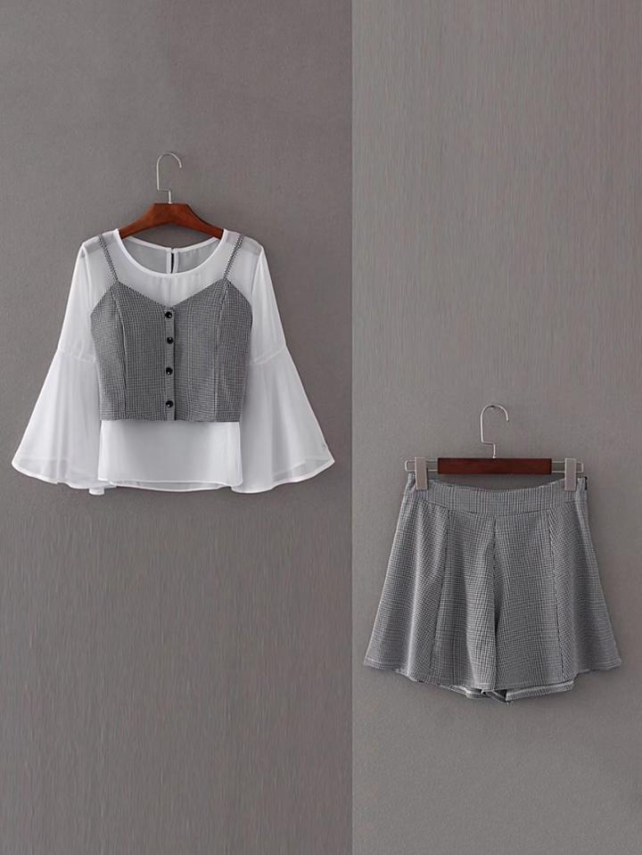 Romwe Bell Sleeve 2 In 1 Top With Shorts