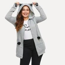 Romwe Plus Pom Pom Detail Cat Ear Hooded Jacket
