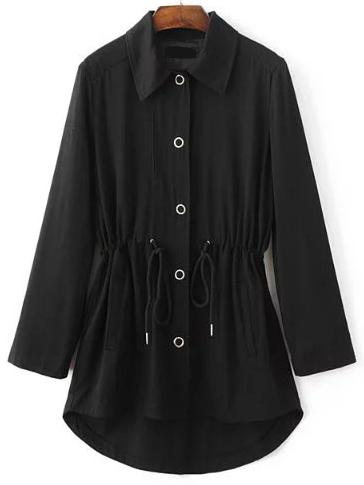 Romwe Black Embroidery Back Drawstring Dip Hem Coat