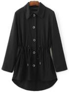 Romwe Black Embroidery Back Drawstring Dip Hem Coat