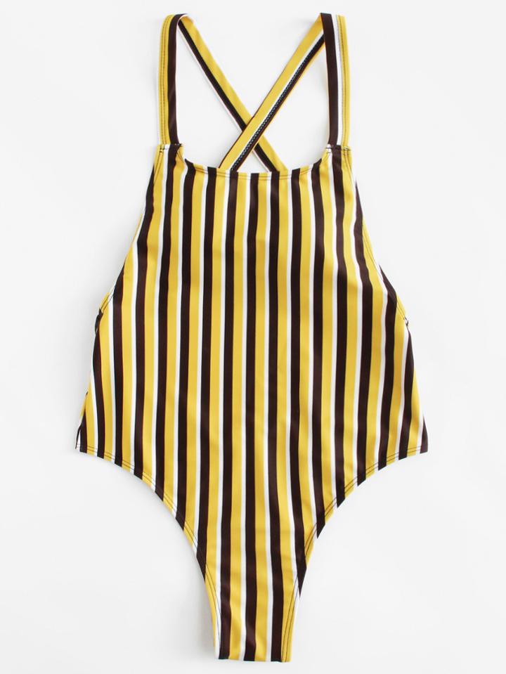 Romwe Open Back Striped Swimsuit