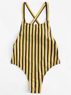 Romwe Open Back Striped Swimsuit