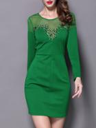 Romwe Green Round Neck Long Sleeve Contrast Gauze Beading Dress