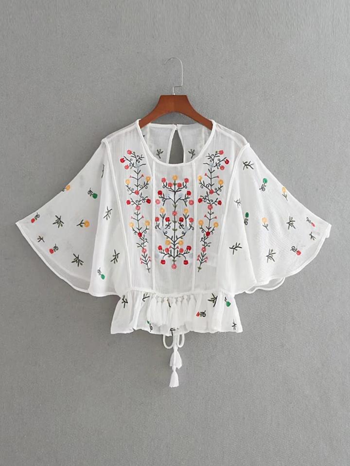 Romwe Flower Embroidery Open Back Tassel Tie Top