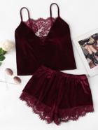 Romwe Lace Trim Velvet Cami & Shorts Pj Set