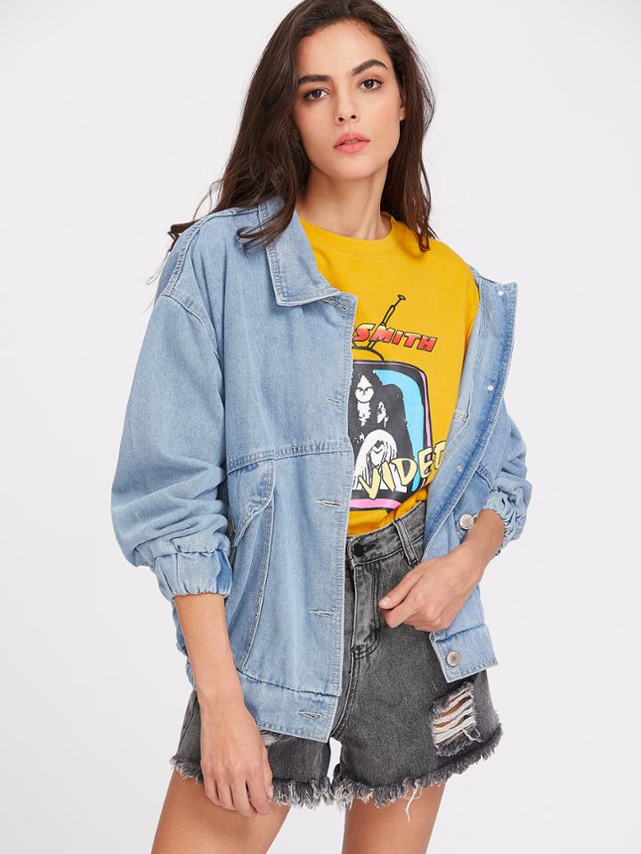 Romwe Drop Shoulder Boyfriend Denim Jacket With Badge Detail