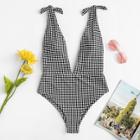 Romwe Plus Deep V Gingham Swimsuit