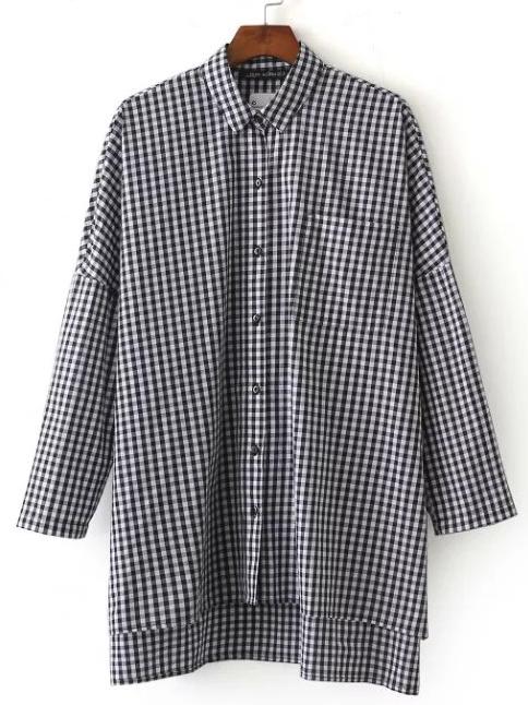 Romwe Gingham Plaid Drop Shoulder Slit Side High Low Shirt