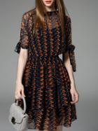 Romwe Orange Navy Ruffle Pleated Elastic-waist Dress
