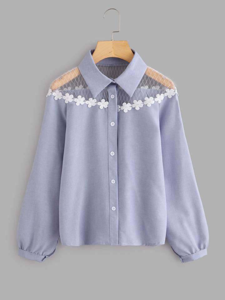 Romwe Contrast Mesh Crochet Appliques Shirt