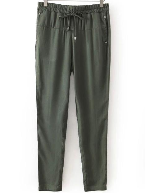 Romwe Draw Cord Waist Studded Army Green Pant
