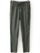 Romwe Draw Cord Waist Studded Army Green Pant