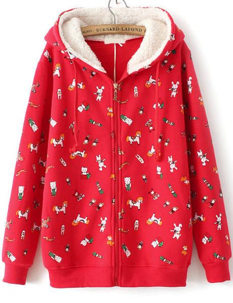 Romwe Hooded Cartoon Print Loose Red Sweatshirt