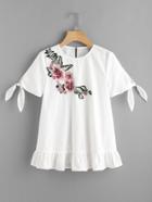 Romwe Flower Patch Tie Sleeve Frill Hem Top