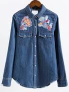 Romwe Blue Patch Embroidery Denim Blouse