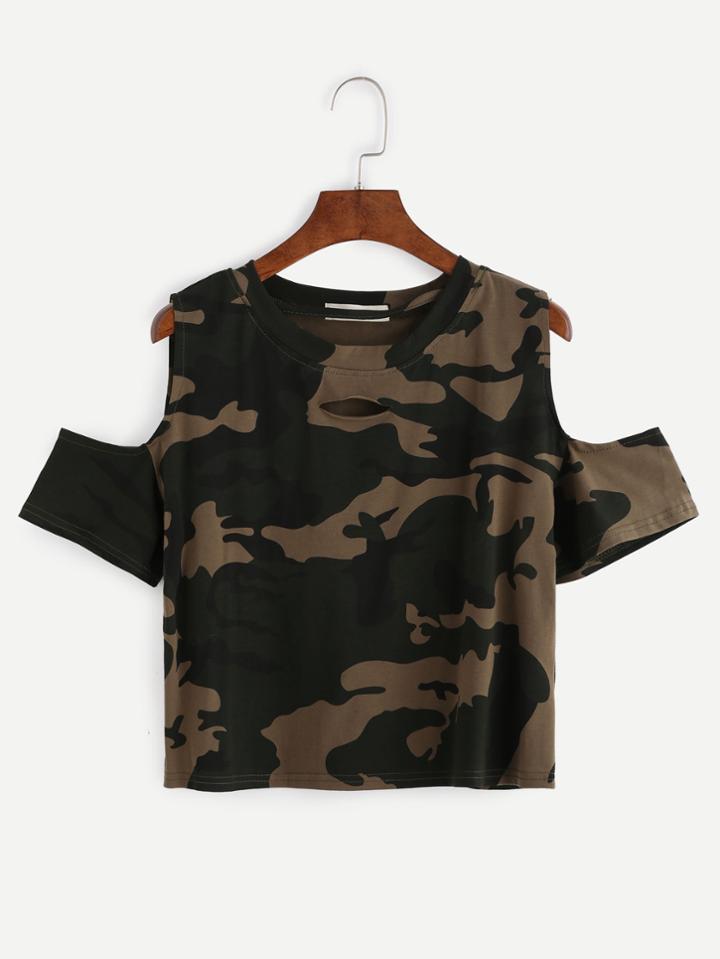 Romwe Camo Print Ripped Open Shoulder T-shirt