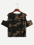 Romwe Camo Print Ripped Open Shoulder T-shirt
