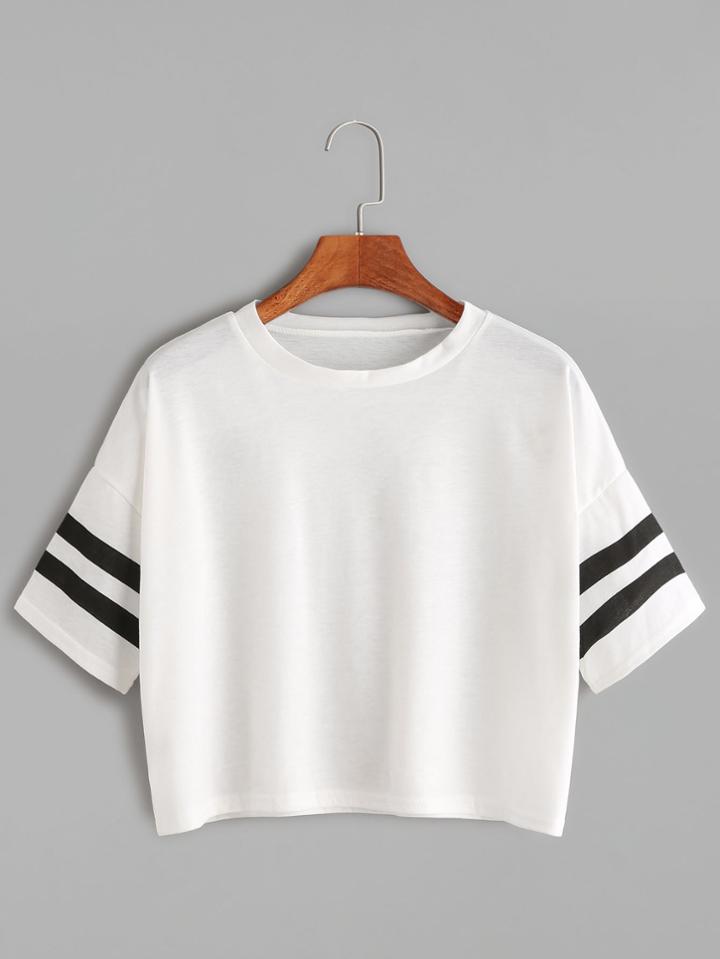 Romwe White Dropped Shoulder Seam Varsity Striped Crop T-shirt