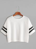 Romwe White Dropped Shoulder Seam Varsity Striped Crop T-shirt