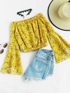 Romwe Off Shoulder Fluted Sleeve Ditsy Print Blouse